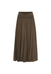 Brun maxi-nederdel lavet af letvægtsstof med en bred, elastisk talje og flydende design, der har plisseringer for ekstra bevægelse.
