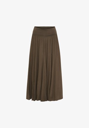 Brun maxi-nederdel lavet af letvægtsstof med en bred, elastisk talje og flydende design, der har plisseringer for ekstra bevægelse.