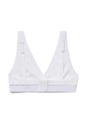 Biały, miękki biustonosz braletka z głębokim dekoltem w kształcie V, regulowanymi ramiączkami oraz zapięciem na hak i oczko na dole. Minimalistyczny design.