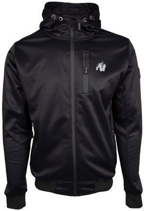 Zwarte zip-up hoodie met een gladde, glanzende textuur, verstelbare capuchon, een klein logo op de borst, en ribbelmanchetten en -zoom.
