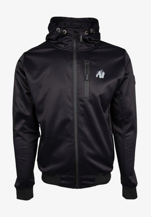 Zwarte zip-up hoodie met een gladde, glanzende textuur, verstelbare capuchon, een klein logo op de borst, en ribbelmanchetten en -zoom.
