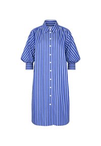 Robe-chemise bleue à rayures blanches verticales, boutons sur le devant, manches bouffantes aux coudes et col.
