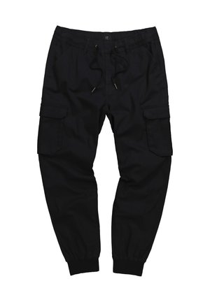 Musta cargo-housut, jotka on valmistettu puuvillasekoitekankaasta. Ominaisuuksiin kuuluvat elastinen vyötärö, naru ja kaksi sivutaskua cargo-mallilla, joissa on ribbaustaskut.