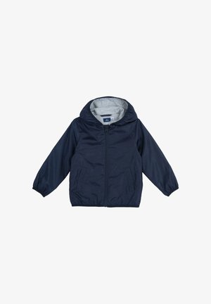 Donkerblauw lichtgewicht jack met een grijze voering in de capuchon, ritssluiting aan de voorkant, elastische manchetten en zijzakken. Heeft een casual ontwerp.