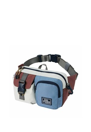 Bauchtasche mit mehreren Reißverschlussfächern in Weiß, Blau und Braun, ausgestattet mit verstellbarem grauem Riemen und schwarzen Kunststoffschnallen.