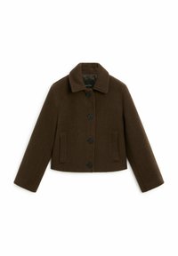 Braune Wollmischung cropped Jacke mit einem Reverskragen, sechs schwarzen Knöpfen und zwei vorderen Taschen. Weicher strukturierter Stoff mit taillierter Passform.