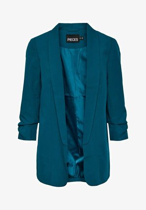 Blazer vert d'eau avec un col cranté, des manches longues et une ouverture à l'avant. Fabriqué en tissu lisse, avec un intérieur en satin. Étiquette de marque visible.