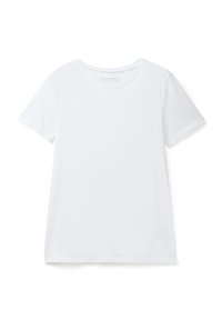 En helt vit t-shirt med kort ärm, tillverkad av ekologisk bomull, liggande platt på en vit bakgrund.