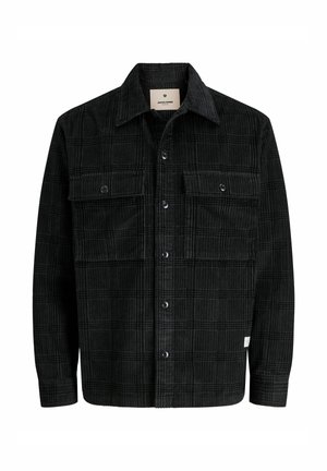 Zwarte korduroy overhemdjacket met een geruit patroon, knoopsluiting aan de voorkant, twee borstzakken en een puntkraag. Gestructureerde stof met zichtbare ribbels.