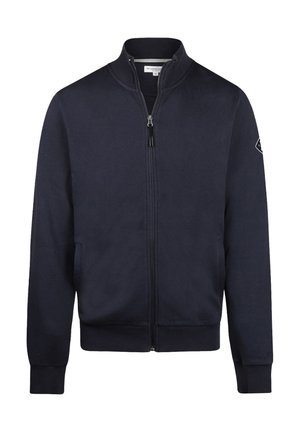 Marine blauwe rits-hoodie met hoge kraag, voorzakken, ribgebreide manchetten en zoom. Gemaakt van zachte stof met een gladde textuur.