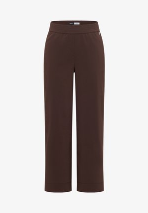 Pantalon marron droit avec taille élastique et ourlets revers, conçu pour un usage décontracté.