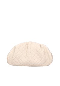 Borsa a tracolla in pelle intrecciata di colore crema, con una silhouette morbida e arrotondata e una parte superiore arricciata. Superficie texturizzata con un motivo trapuntato.