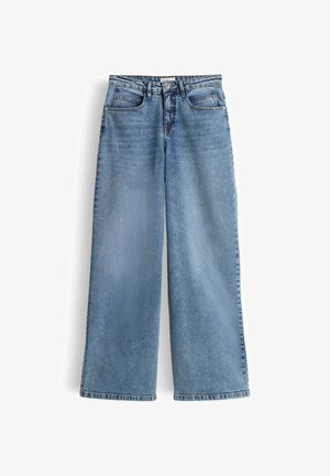 High-waist light blue wide-leg jeans with front pockets, belt loops, and button closure on white background.