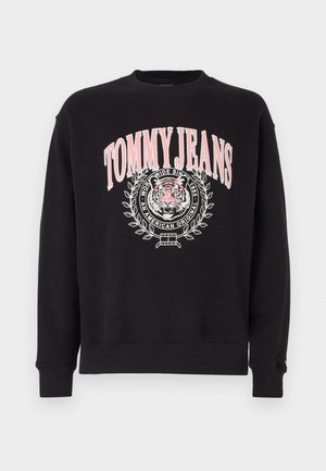 Sudadera negra con cuello y puños acanalados, que presenta un gráfico de logo en rosa y blanco de un tigre dentro de un diseño de corona.