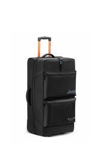 Valigia nera con ruote, manico telescopico arancione, due tasche frontali con zip, tessuto resistente e logo Jeep sul lato.