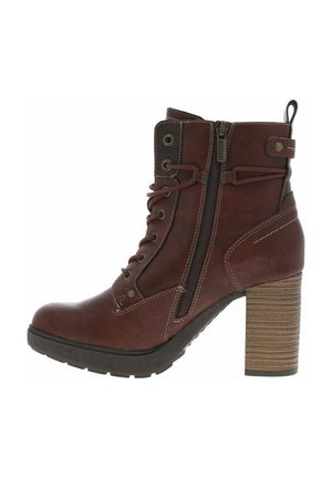 Bottines en cuir marron avec fermeture à lacets et zip, talon contourné, tige texturée et détails de surpiqûres contrastantes.