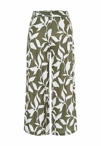 Culottes made of lightweight fabric featuring an olive green base with white leaf patterns, an elastic waistband, and wide-leg design.