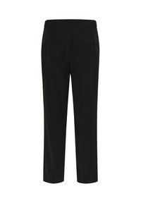 Pantaloni negri cu croi drept, față plată, curea și două buzunare posterior. Realizați dintr-un material neted cu o textură moale.