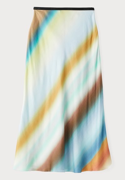 Midi skirt in light, flowing fabric. Features a gradient pattern with diagonal stripes in blue, brown, and cream. Black waistband.