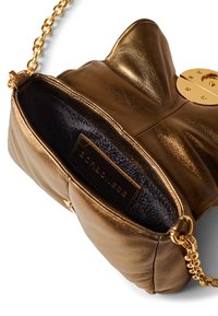 Bronze leather handbag with a gold chain strap, featuring a clasp closure and a textured black interior. The exterior has a smooth finish.