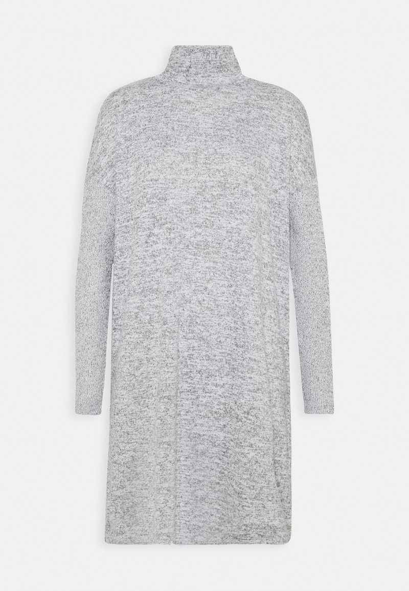 Oversized klänning i heathergrå färg med hög krage, långa ärmar och mjukt texturerat tyg. Den har en avslappnad passform och minimala sömnadsdetaljer.