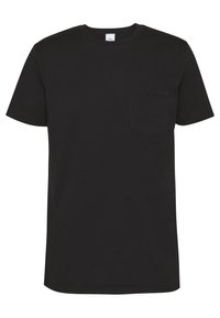 T-shirt nera in cotone con colletto girocollo, maniche corte e taschino sul petto. Tessuto morbido e design a taglio dritto senza motivi distintivi.