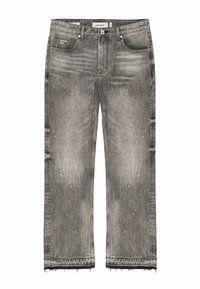 Jeans denim grigi sbiaditi a gamba dritta con orli sfrangiati, bottoni e cerniera frontali, tasche anteriori e posteriori.