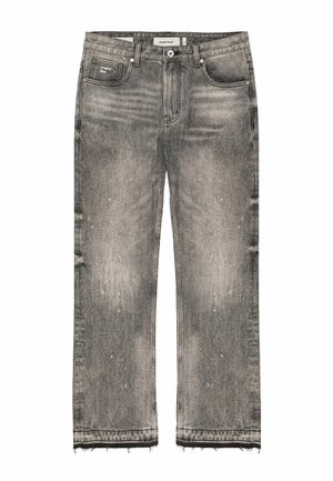 Jeans denim grigi sbiaditi a gamba dritta con orli sfrangiati, bottoni e cerniera frontali, tasche anteriori e posteriori.