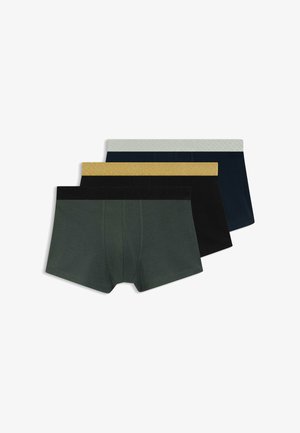 Drie paar boxershorts in donker groen, zwart en marineblauw, met ontworpen taillebandaccenten in geel en lichtgrijs. Zacht katoenen materiaal.