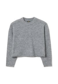Grauer Pullover mit einem verkürzten Design, runder Ausschnitt und langen Ärmeln. Verziert mit verstreuten silbernen Sprenkeln für Textur.