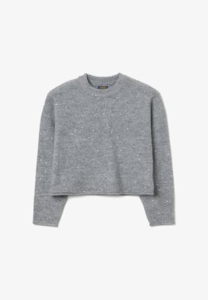 Grauer Pullover mit einem verkürzten Design, runder Ausschnitt und langen Ärmeln. Verziert mit verstreuten silbernen Sprenkeln für Textur.