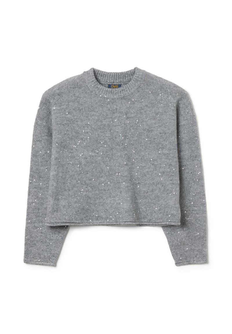 Grauer Pullover mit einem verkürzten Design, runder Ausschnitt und langen Ärmeln. Verziert mit verstreuten silbernen Sprenkeln für Textur.