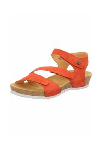 Sandalo in suede arancione con due cinturini regolabili e una suola in sughero a zeppa con base in gomma bianca. Design con punta aperta per una migliore traspirabilità.