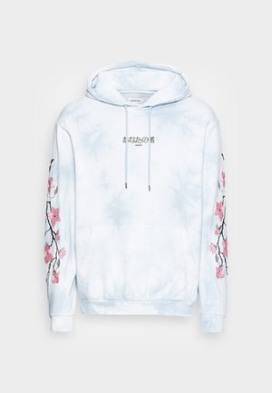 Light blue tie-dye hoodie with a front pocket, featuring pink embroidered flowers on the sleeves and a small graphic text on the chest.