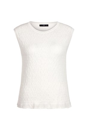 Balta bezroku blūze ar smalku teksturētu rakstu, apaļu kakla izgriezumu un taisnu apakšmalu, paredzēta ērtai valkāšanai.