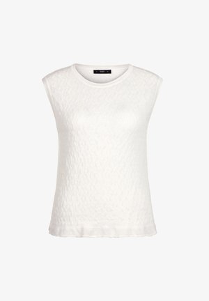 Blouse blanche sans manches avec un motif texturé subtil, encolure ronde et ourlet droit, conçue pour une coupe décontractée.