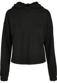 Sudadera negra con capucha, de mangas largas, corte holgado y puños acanalados. Textura suave y detalle de costura mínima en el dobladillo.