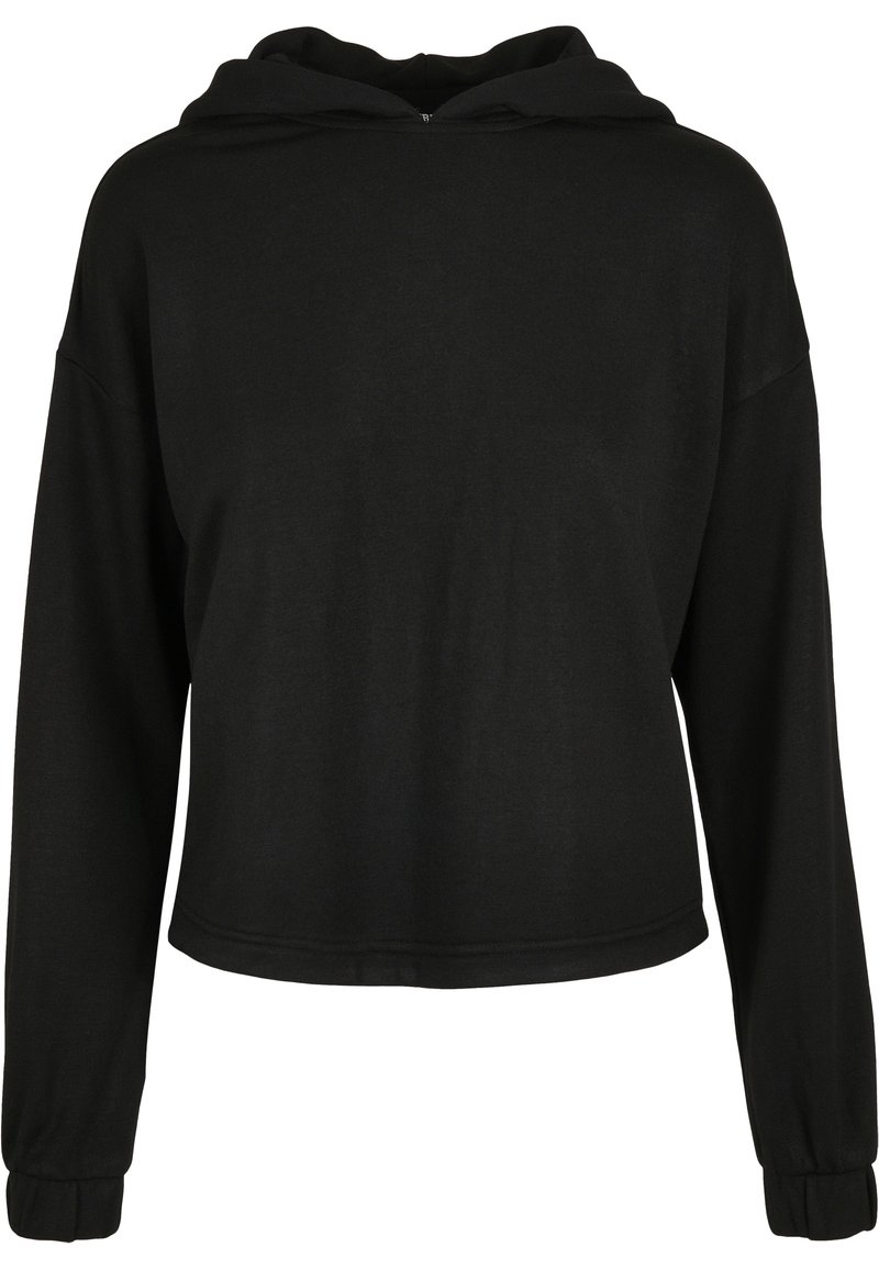 Sudadera negra con capucha, de mangas largas, corte holgado y puños acanalados. Textura suave y detalle de costura mínima en el dobladillo.