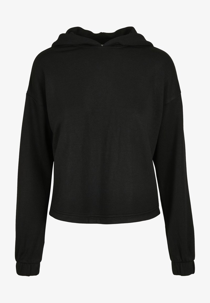 Sudadera negra con capucha, de mangas largas, corte holgado y puños acanalados. Textura suave y detalle de costura mínima en el dobladillo.