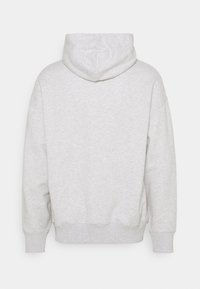 Sudadera con capucha gris claro de textura suave, que presenta un corte relajado, mangas largas y un dobladillo y puños acanalados. Sin marcas visibles.