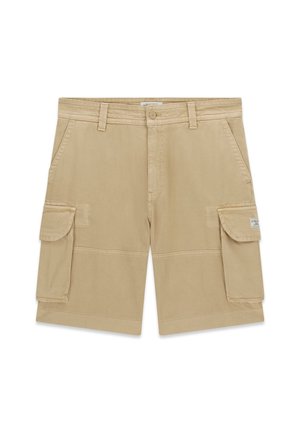 Beežid cargo lühikesed püksid kahe suure klapiga tasku külgedel, eesmist taskut, vööaasad ja nööpidega talje sulgumist.