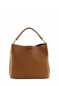 Sac à main en cuir marron avec une surface texturée, une silhouette douce, une poignée et des accents en matériel doré. La fermeture est dotée d'un petit rabat.