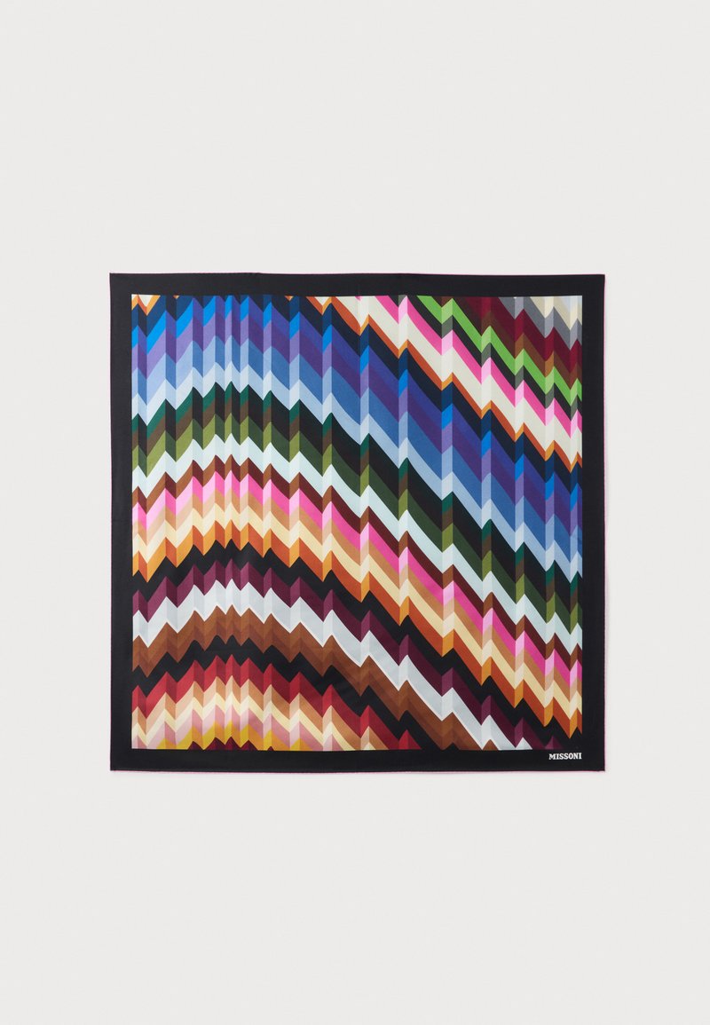 Foulard carré avec motif zigzag multicolore dans des tons de bleu, vert, rose, marron et orange, bordé en noir avec le texte "Missoni".