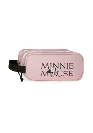 Estuche de lápices rectangular rosa de Minnie Mouse con dos compartimentos con cremallera y una asa lateral negra.