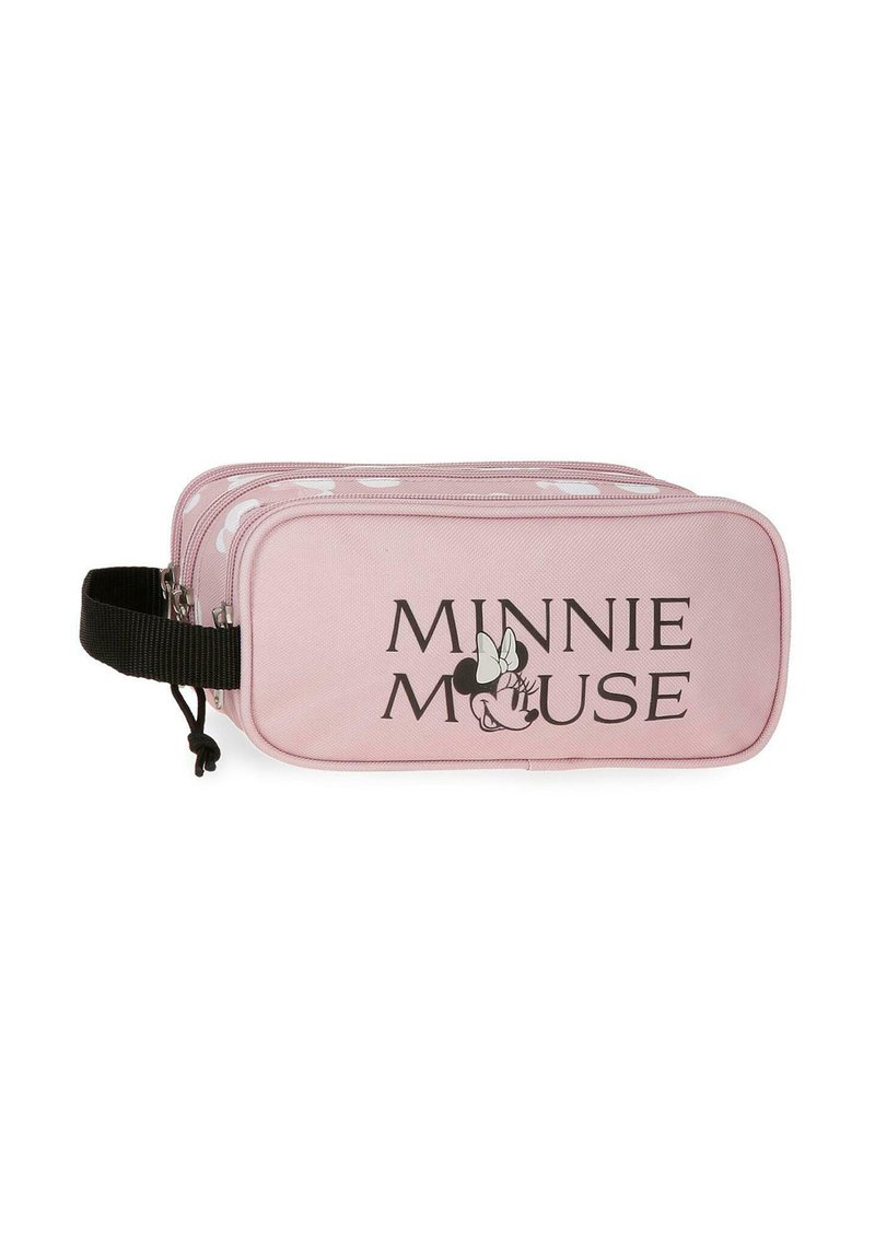 Estuche de lápices rectangular rosa de Minnie Mouse con dos compartimentos con cremallera y una asa lateral negra.