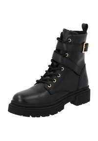 Bottines en cuir noir avec un bout arrondi, accents en métal doré, design à lacets et deux sangles à boucles sur la tige. Semelle en caoutchouc épaisse.