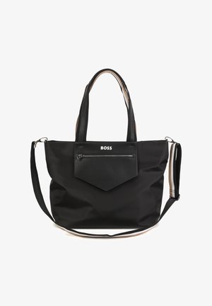 Must musta kott, millel on tekstureeritud nailonist keha, sile nahast esikott, kaks käepidet ja eemaldatav õlarihm.