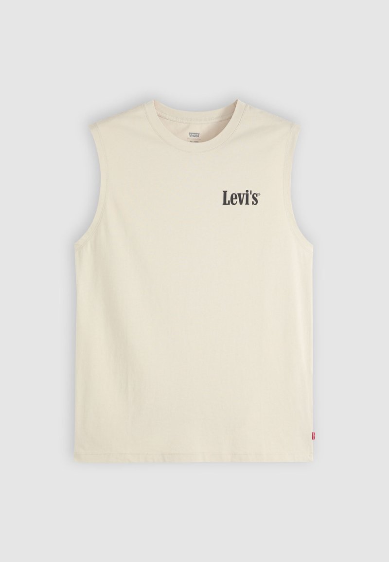 Ærmeløs beige bomulds tanktop med rund halsudskæring, med lille sort Levi's-logo på venstre bryst og rød Levi's-mærkat i sidesømmen.