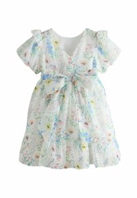 Blumenkleid mit V-Ausschnitt und kurzen Ärmeln, aus leichtem Stoff gefertigt. Mit einer Schleifendetail in der Taille und einem gestuften Rockdesign.