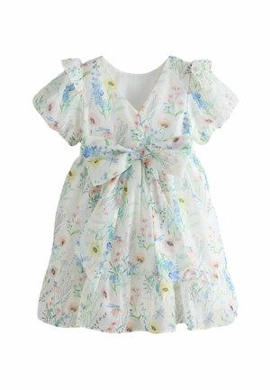 Rochie florală cu decolteu în V și mâneci scurte, confecționată dintr-un material ușor. Prezintă un detaliu cu fundă în talie și un design cu fuste în straturi.